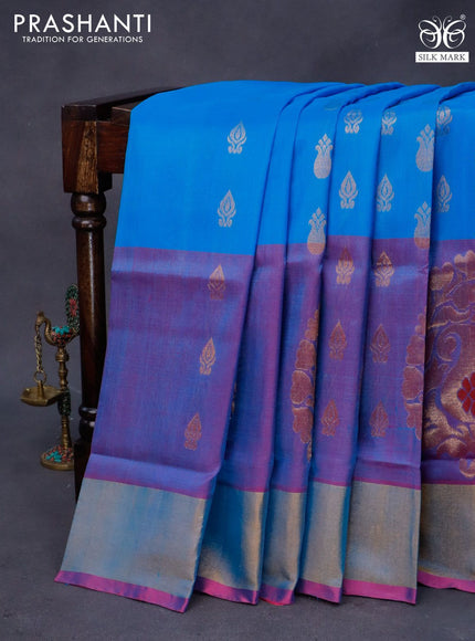 Pure uppada silk saree cs blue and magenta pink with allover zari woven buttas and long paisley design zari woven border