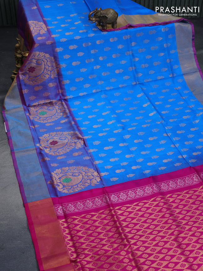 Pure uppada silk saree cs blue and magenta pink with allover zari woven buttas and long paisley design zari woven border