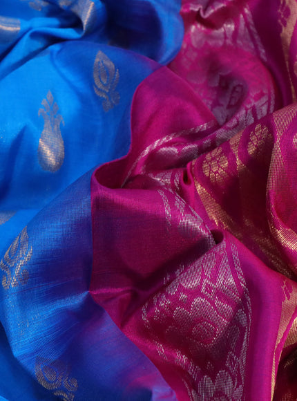 Pure uppada silk saree cs blue and magenta pink with allover zari woven buttas and long paisley design zari woven border