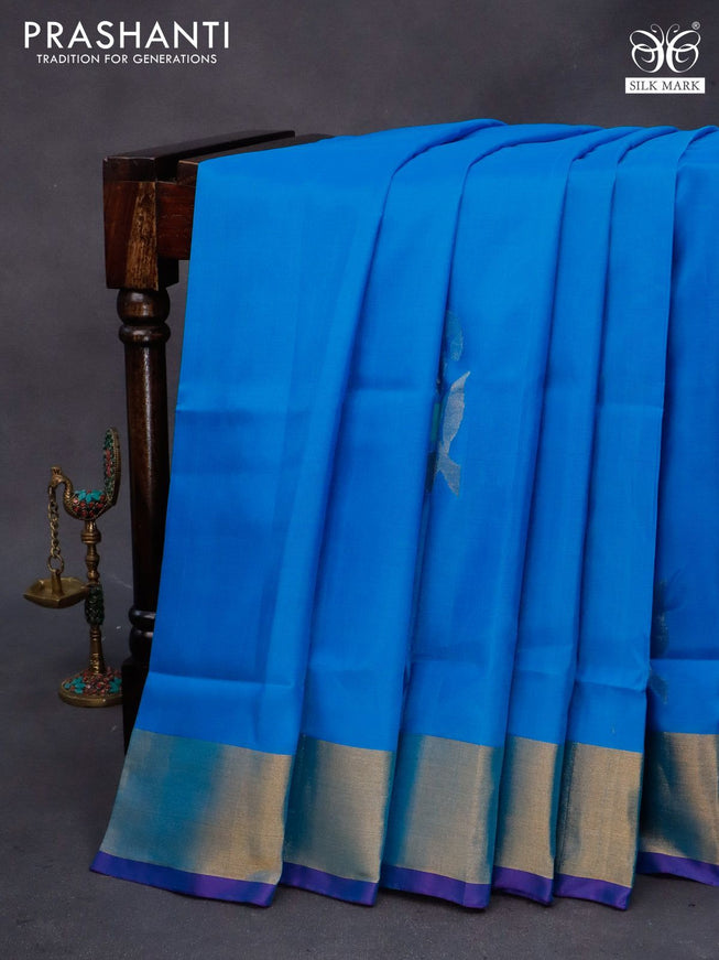 Pure uppada silk saree cs blue and blue with jamdhani buttas and jamdhani woven pallu