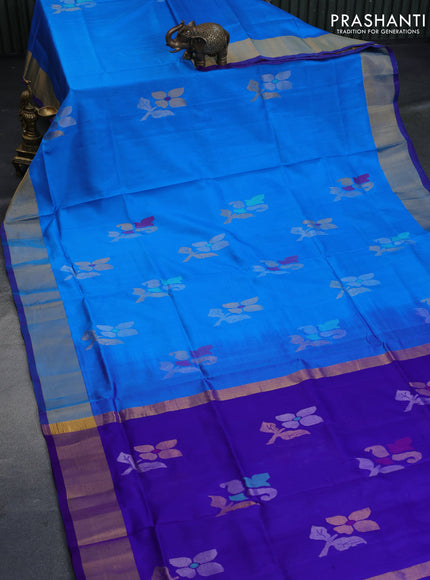 Pure uppada silk saree cs blue and blue with jamdhani buttas and jamdhani woven pallu