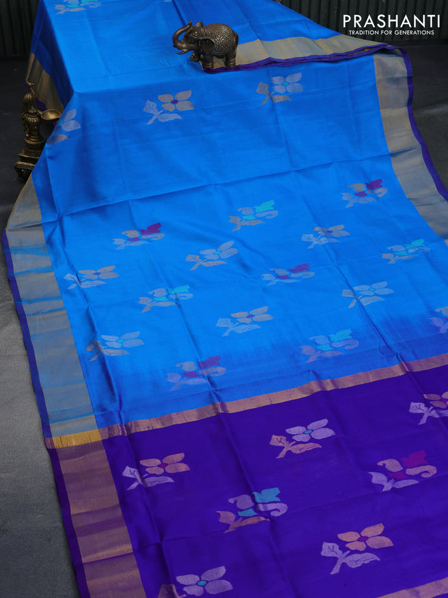 Pure uppada silk saree cs blue and blue with jamdhani buttas and jamdhani woven pallu