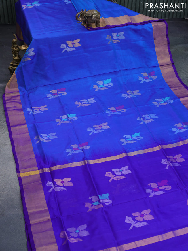 Pure uppada silk saree cs blue and blue with jamdhani buttas and jamdhani woven pallu