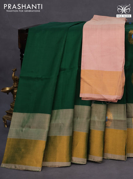 Pure uppada silk saree green and sandal with silver & gold zari woven paisley buttas and zari woven border