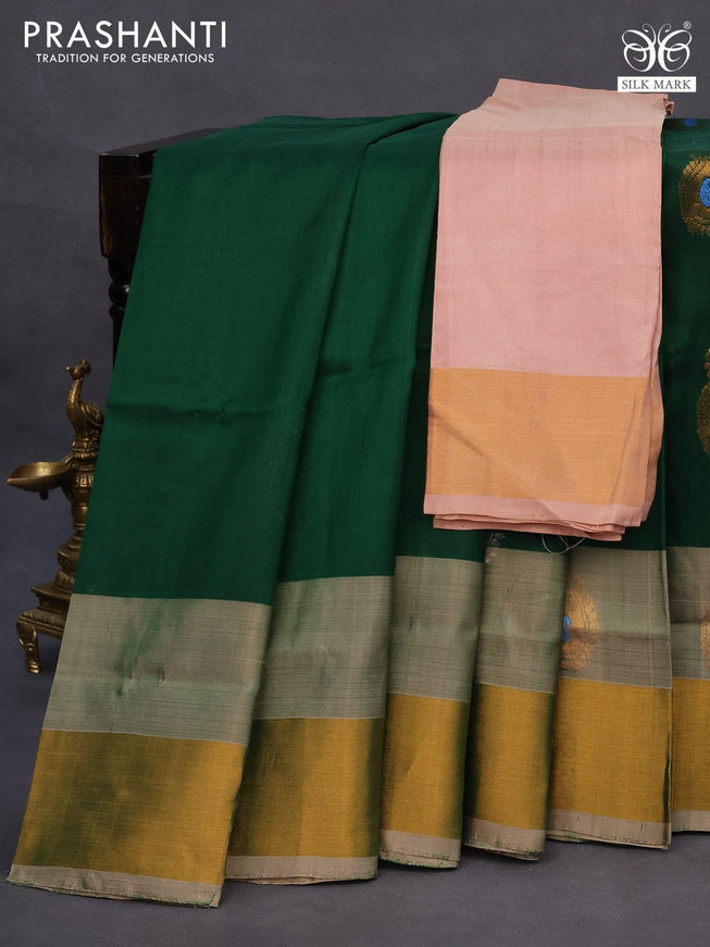 Pure uppada silk saree green and sandal with silver & gold zari woven paisley buttas and zari woven border