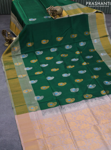 Pure uppada silk saree green and sandal with silver & gold zari woven paisley buttas and zari woven border