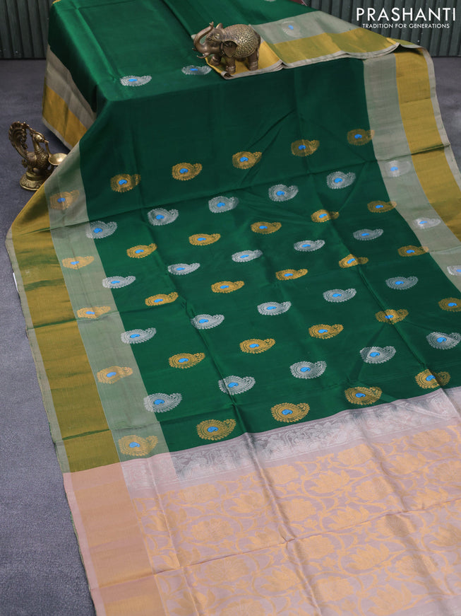 Pure uppada silk saree green and sandal with silver & gold zari woven paisley buttas and zari woven border