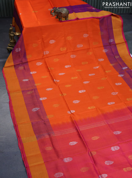 Pure uppada silk saree orange and pink with silver & gold zari woven buttas and zari woven border