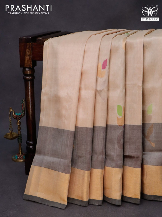 Pure uppada silk saree cream and brown with zari woven jamdhani buttas and zari woven border