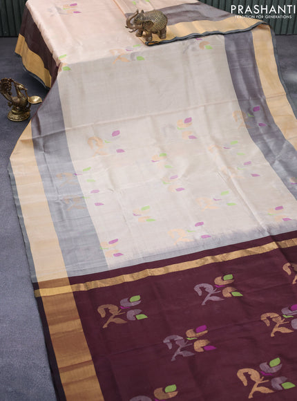 Pure uppada silk saree cream and brown with zari woven jamdhani buttas and zari woven border