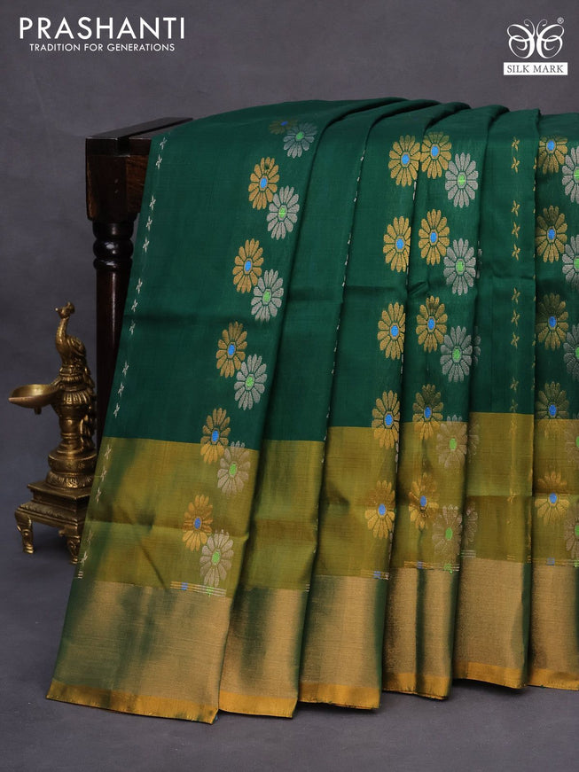 Pure uppada silk saree green and dual shade of yellowish green with allover silver & gold zari weaves and zari woven border