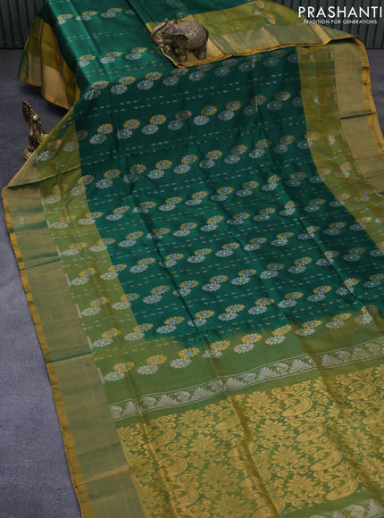 Pure uppada silk saree green and dual shade of yellowish green with allover silver & gold zari weaves and zari woven border