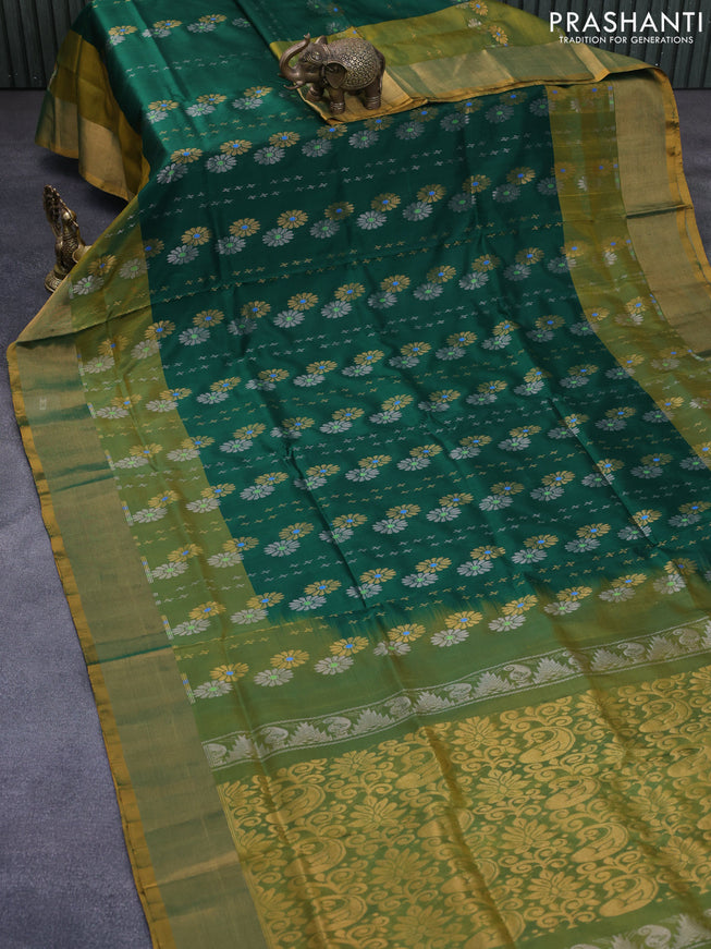 Pure uppada silk saree green and dual shade of yellowish green with allover silver & gold zari weaves and zari woven border