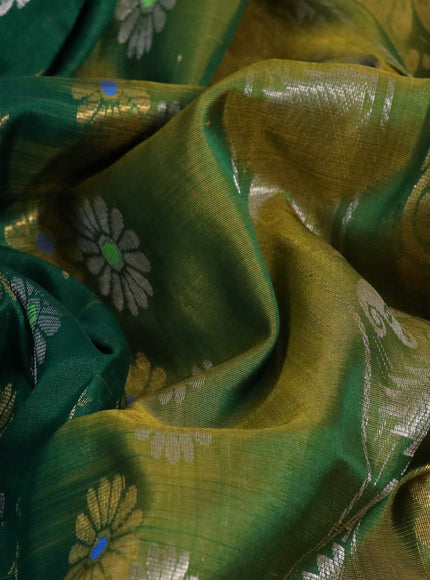 Pure uppada silk saree green and dual shade of yellowish green with allover silver & gold zari weaves and zari woven border