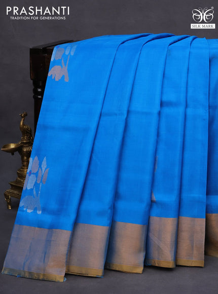 Pure uppada silk saree cs blue and mustard yellow with zari woven jamdhani buttas and zari woven border