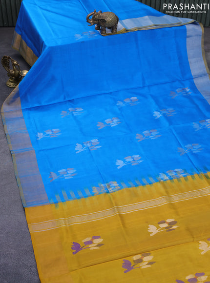 Pure uppada silk saree cs blue and mustard yellow with zari woven jamdhani buttas and zari woven border