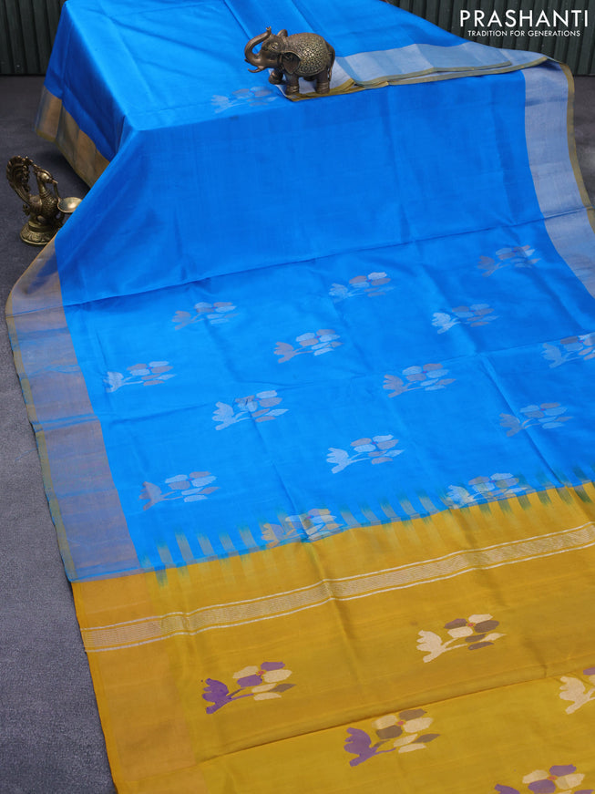 Pure uppada silk saree cs blue and mustard yellow with zari woven jamdhani buttas and zari woven border