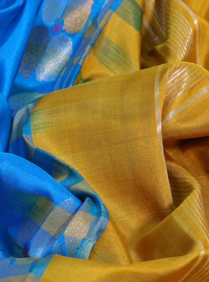 Pure uppada silk saree cs blue and mustard yellow with zari woven jamdhani buttas and zari woven border