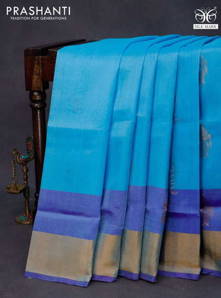 Pure uppada silk saree light blue and blue with silver & gold zari woven buttas and zari woven border