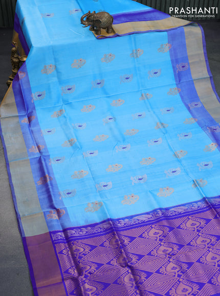 Pure uppada silk saree light blue and blue with silver & gold zari woven buttas and zari woven border