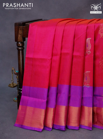 Pure uppada silk saree dual shade of pinkish orange and blue with silver & gold zari woven buttas and zari woven border