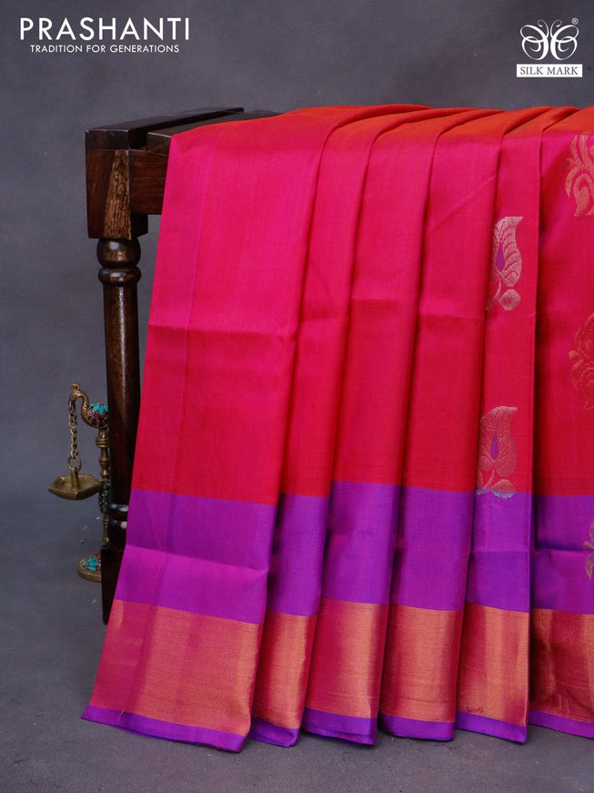 Pure uppada silk saree dual shade of pinkish orange and blue with silver & gold zari woven buttas and zari woven border