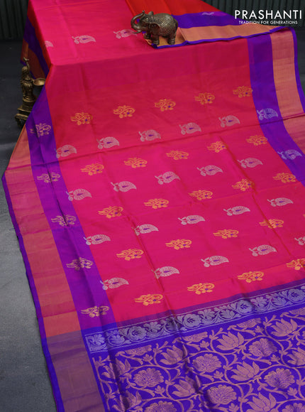 Pure uppada silk saree dual shade of pinkish orange and blue with silver & gold zari woven buttas and zari woven border