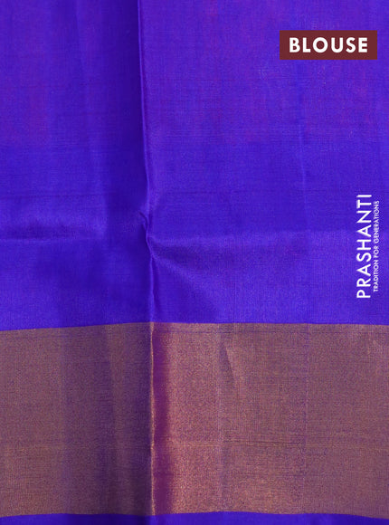 Pure uppada silk saree dual shade of pinkish orange and blue with silver & gold zari woven buttas and zari woven border