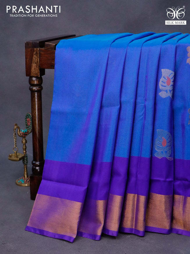 Pure uppada silk saree cs blue and blue with silver & gold zari woven buttas and zari woven border