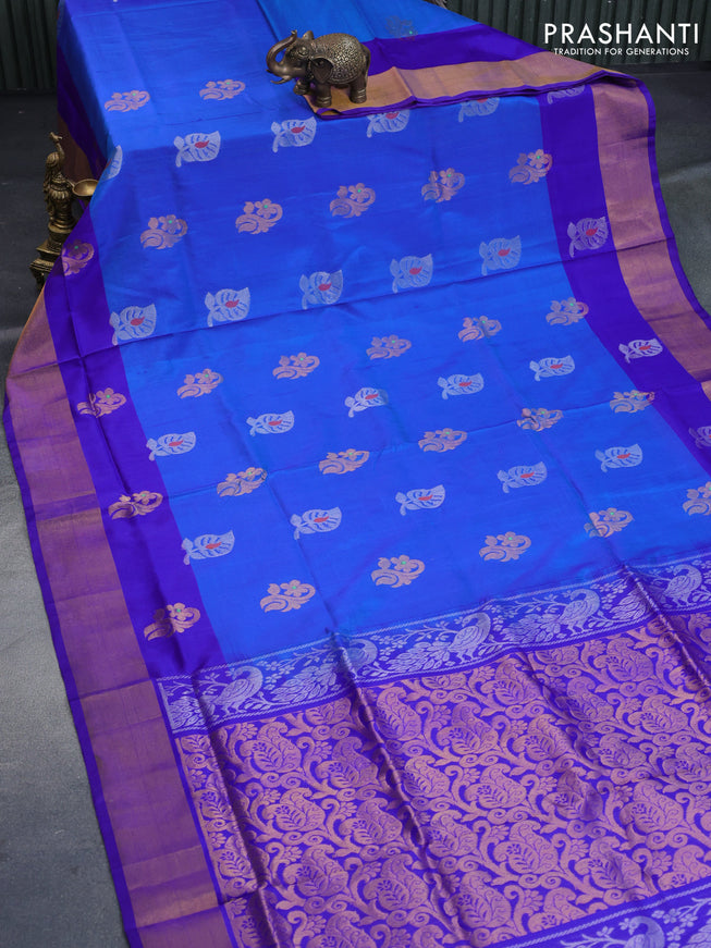 Pure uppada silk saree cs blue and blue with silver & gold zari woven buttas and zari woven border