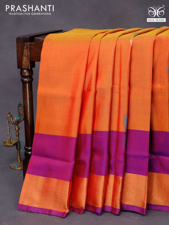 Pure uppada silk saree dual shade of mango yellow and dual shade of purple with jamdhani buttas and jamdhani woven pallu