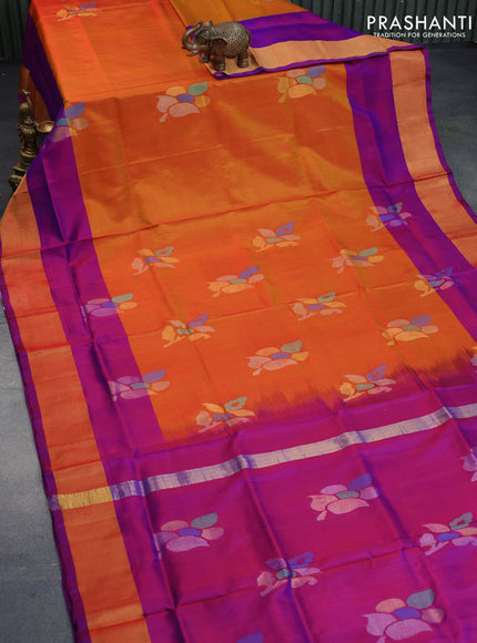 Pure uppada silk saree dual shade of mango yellow and dual shade of purple with jamdhani buttas and jamdhani woven pallu