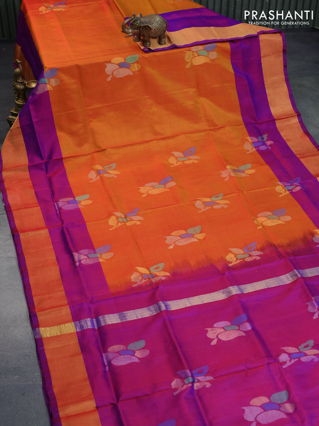 Pure uppada silk saree dual shade of mango yellow and dual shade of purple with jamdhani buttas and jamdhani woven pallu