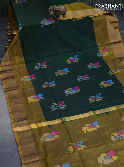 Pure uppada silk saree dark green and dark mustard yellow with jamdhani buttas and jamdhani woven pallu