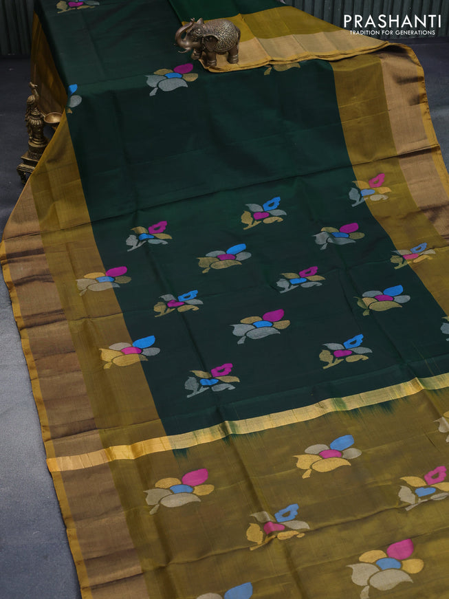 Pure uppada silk saree dark green and dark mustard yellow with jamdhani buttas and jamdhani woven pallu