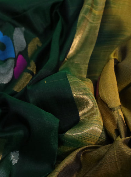 Pure uppada silk saree dark green and dark mustard yellow with jamdhani buttas and jamdhani woven pallu