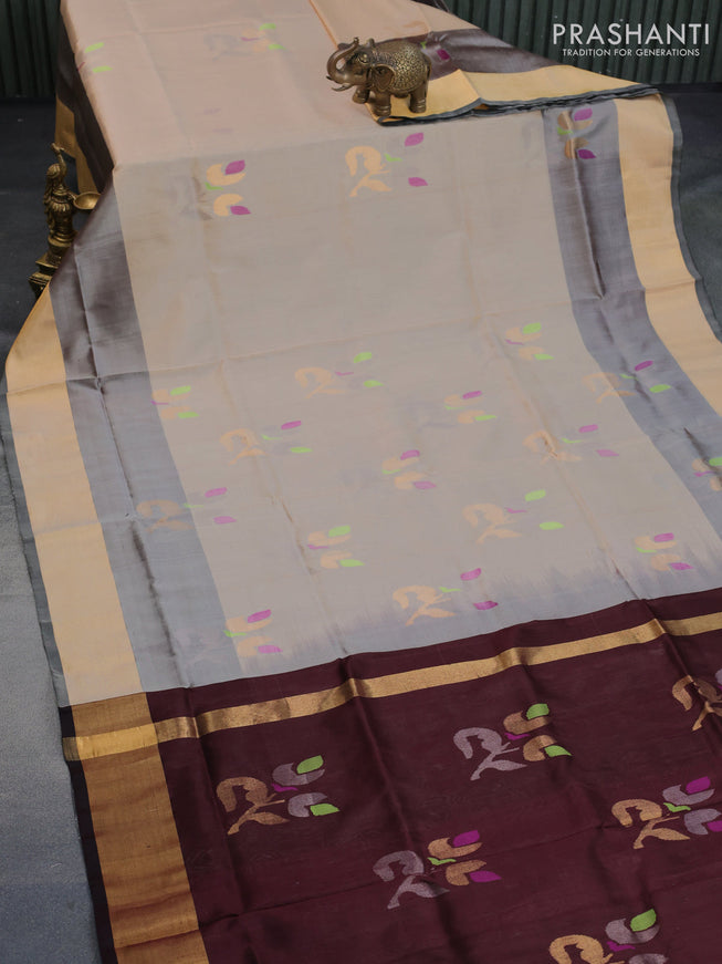 Pure uppada silk saree cream and brown with jamdhani buttas and zari woven border