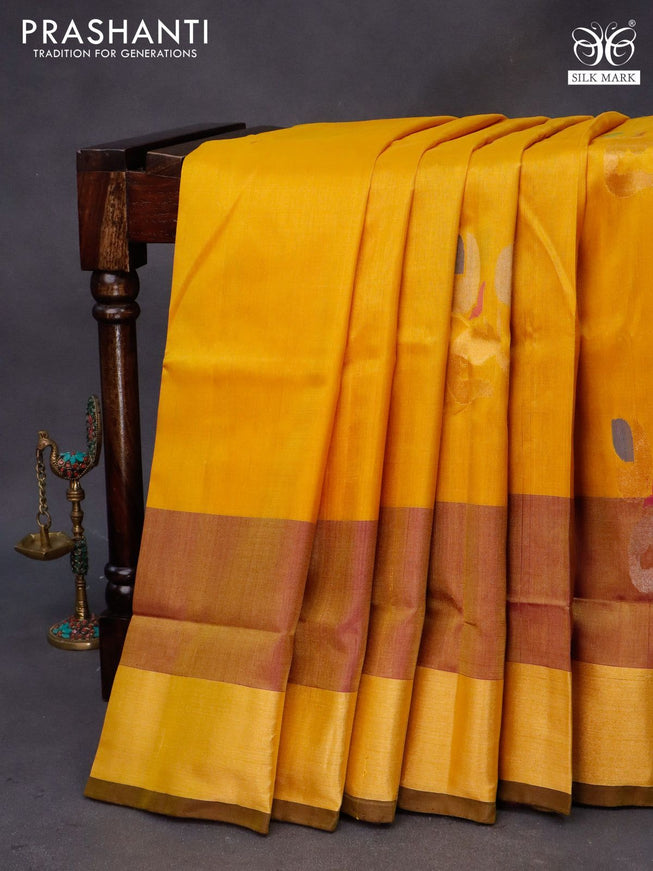 Pure uppada silk saree mustard yellow and purple with jamdhani buttas and zari woven border