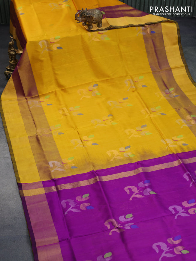 Pure uppada silk saree mustard yellow and purple with jamdhani buttas and zari woven border