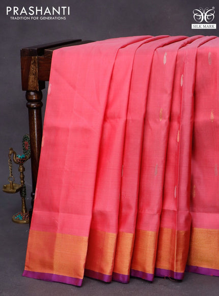 Pure uppada silk saree light pink and blue with zari woven paisley buttas and jamdhani woven pallu