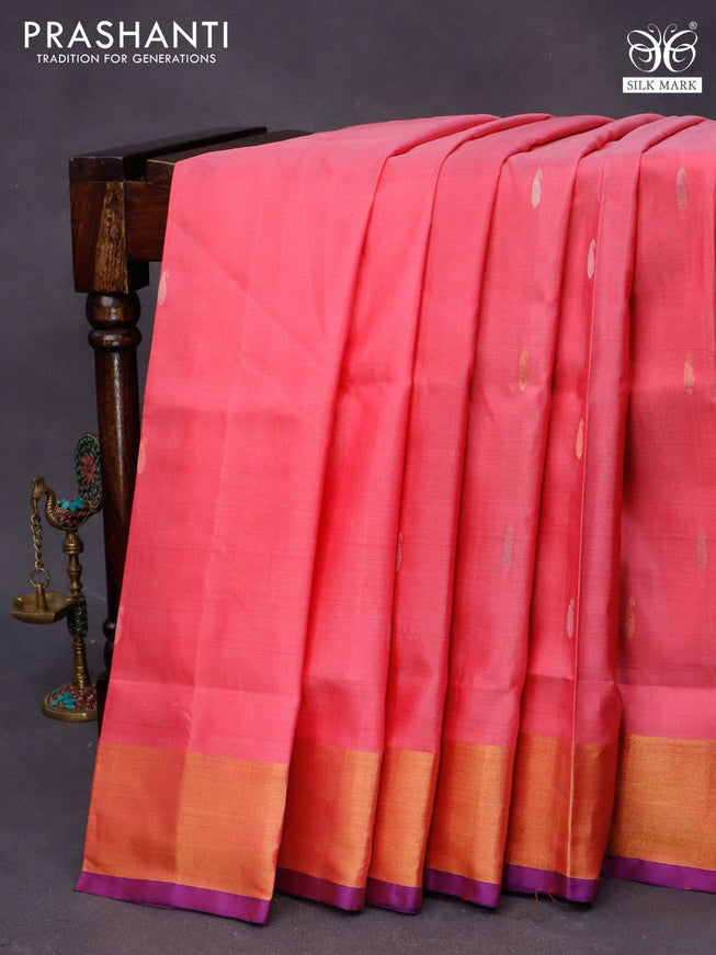 Pure uppada silk saree light pink and blue with zari woven paisley buttas and jamdhani woven pallu