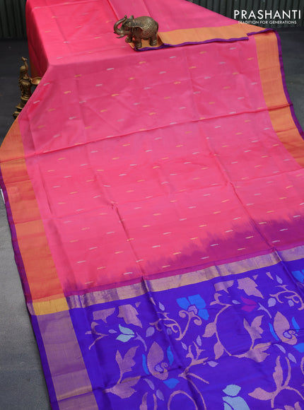 Pure uppada silk saree light pink and blue with zari woven paisley buttas and jamdhani woven pallu