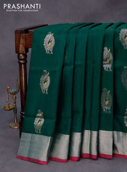 Pure uppada silk saree green and pink with silver zari woven annam buttas and silver zari woven border