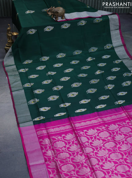 Pure uppada silk saree green and pink with silver zari woven annam buttas and silver zari woven border