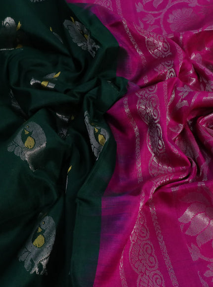 Pure uppada silk saree green and pink with silver zari woven annam buttas and silver zari woven border