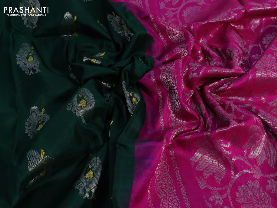 Pure uppada silk saree green and pink with silver zari woven annam buttas and silver zari woven border