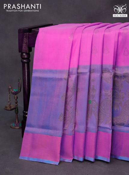 Pure uppada silk saree light pink and cs blue with zari woven buttas and zari woven border