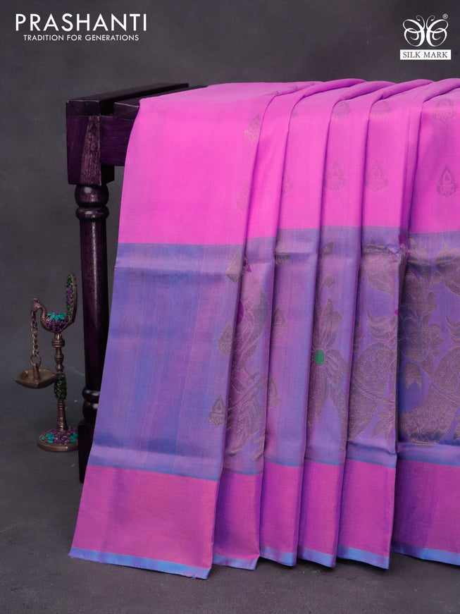 Pure uppada silk saree light pink and cs blue with zari woven buttas and zari woven border