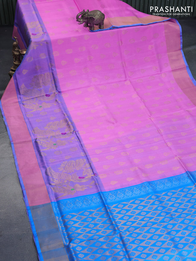 Pure uppada silk saree light pink and cs blue with zari woven buttas and zari woven border