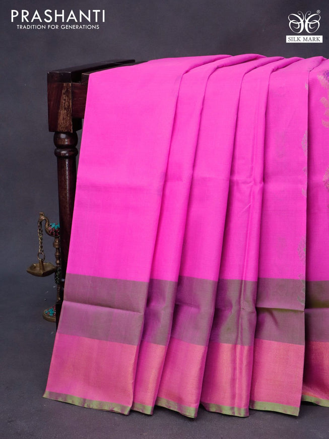 Pure uppada silk saree candy pink and light green with silver & gold zari woven buttas and zari woven border